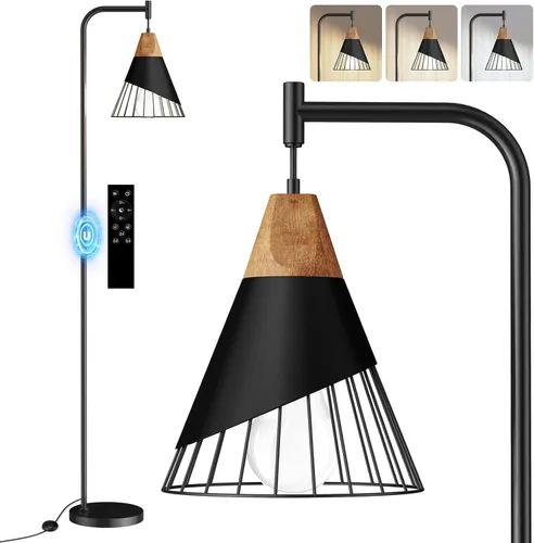 Vista 8 de Lámpara de pie industrial de 67 pulgadas con pantalla de madera y metal negro, lámpara de pie moderna, lámpara alta rústica estilo granja para sala