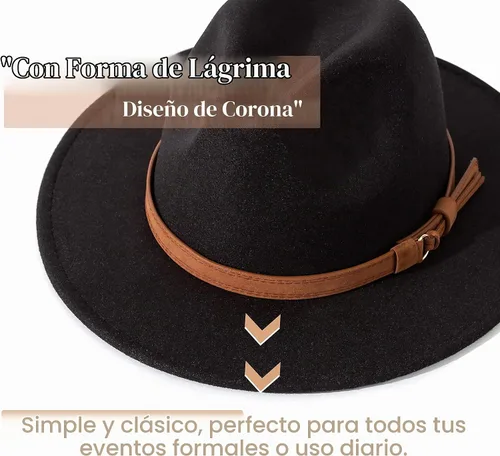 Vista 2 de Lisianthus Sombrero Fedora de ala ancha vintage para hombre y mujer con hebilla de cinturón Negro