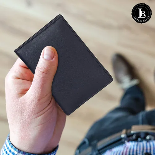 Vista 10 de Leatherboss Cartera Bifold Delgada de Cuero Genuino Porta Tarjetas de Crédito, Débito e ID Compacta y Elegante con Ventanas Transparentes