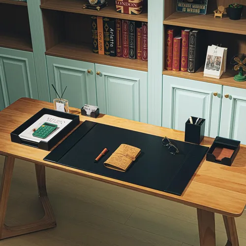 Vista 5 de Sayglossy Juego de 5 almohadillas de cuero para escritorio con rieles laterales, protector de escritorio de 30 x 18 pulgadas, bandeja para letras