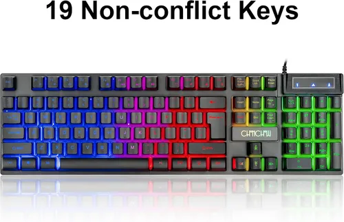 Vista 4 de Combo de teclado y mouse para juegos con cable LED con teclado de personajes emisores 4800DPI 2 botones laterales USB Mouse Rainbow Retroiluminado