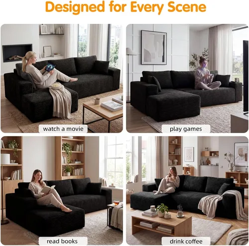 Vista 6 de Sofá seccional Cloud de 104 pulgadas con diván en forma de L, moderno sofá modular seccional de pana, sofás sin hueso para sala de estar y Negro