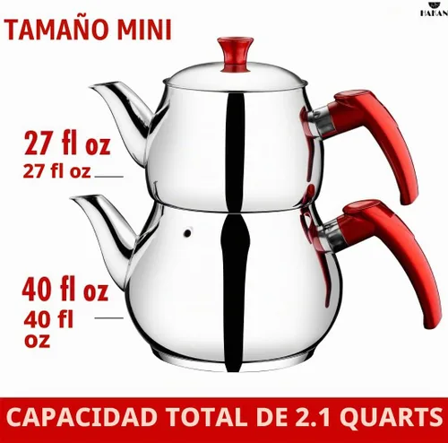 Vista 3 de Hakan Juego de tetera con tapa doble colador, juego de mini tetera doble de acero inoxidable, estilo samovar turco, tetera para té de hojas sueltas