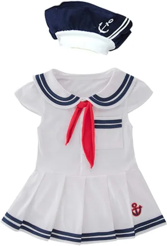 Vista 6 de LXKIKMM Baby Girl Nautical Dress Sailor Suit Jumpsuit Romper Azul + sombrero