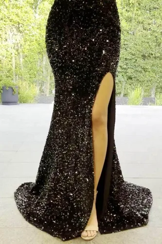 Vista 5 de TIRAS Vestido formal de manga larga con cuello en V y lentejuelas para mujer con abertura y purpurina de sirena CM169
