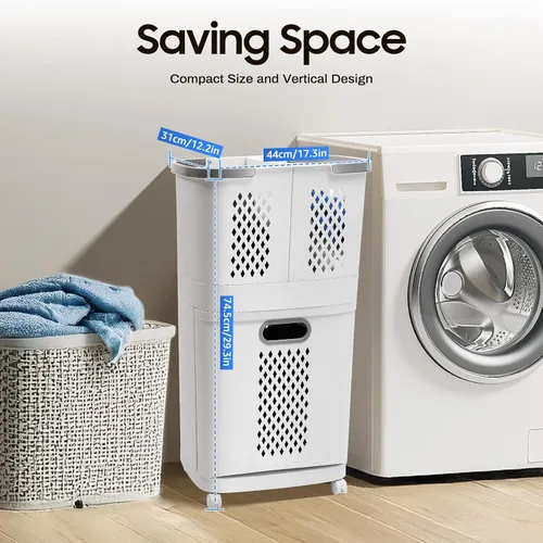 Vista 3 de Cesta de lavandería con ruedas extraíbles, herramienta de lavandería de 3 niveles para baño, sala de estar, dormitorio, de pie, grande, de mano