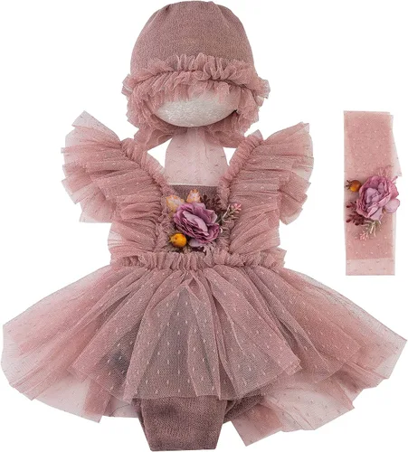 Vista 10 de Zeroest Conjunto de Accesorios para Fotografía de Recién Nacidos, Juego de Vestido de Encaje para Niña, Traje para Sesión de Fotos de Bebé Niña