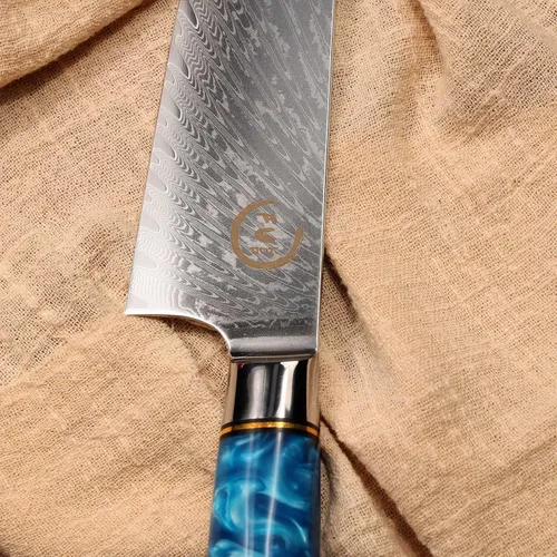 Vista 2 de Juego de cuchillos de chef, juego de 3 cuchillos de cocina, acero Damasco VG10, serie mango azul