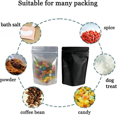 Vista 5 de PABCK 50 bolsas resellables de Mylar color negro, bolsas autosellables para almacenamiento de alimentos, dulces y café, bolsas de plástico