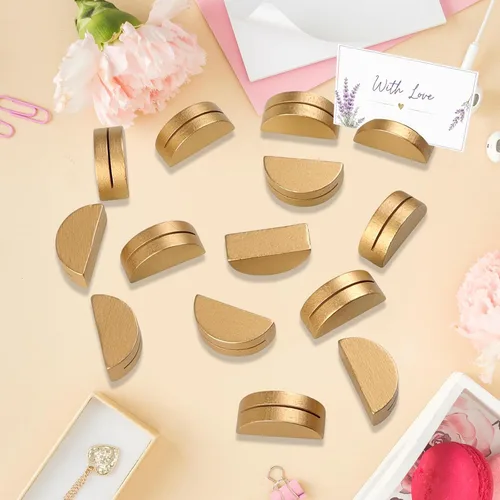 Vista 8 de 20 soportes dorados para números de mesa de boda, de madera, para colocar tarjetas de mesa de agradecimiento, mesas semicirculares, soportes