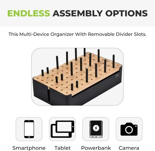 Vista 5 de Prosumer's Choice Organizador de estación de carga de madera negra para múltiples dispositivos, caja de organización de cables con 5 ranuras