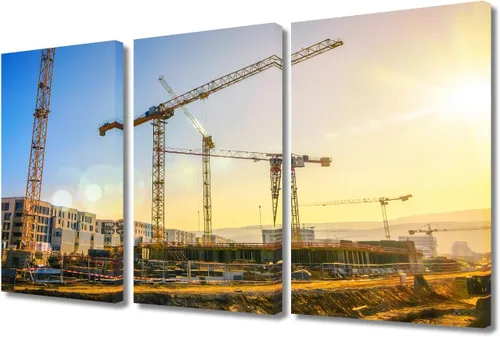 Vista 39 de TUMOVO Arte de pared con diseño de grúa para dormitorio, 3 piezas de grúa pesada al anochecer en un sitio de construcción, póster, pintura, arte
