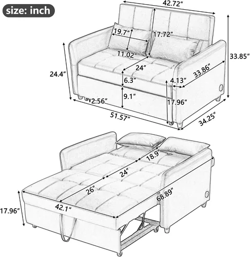 Vista 2 de Flieks Silla convertible de 51 pulgadas, sofá cama 3 en 1 con puertos USB duales, silla reclinable ajustable multifuncional, sofá, cama, silla