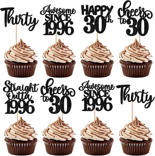 Vista 11 de Paquete de 30 adornos para cupcakes de 10º cumpleaños con purpurina recta hacia fuera de 2016, Happy 10th Ten Awesome Since 2016, 10 fabulosas Negro