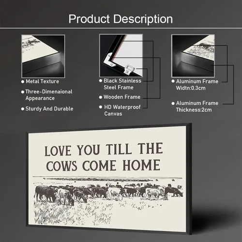 Vista 2 de Pósteres vintage con texto en inglés "I Love You Till The Cows Come Home" en lienzo de vaquero occidental en blanco y negro, arte de pared, arte