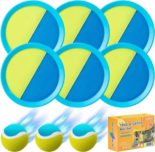 Vista 7 de Juegos al aire libre, juego de lanzamiento y pelota con 6 paletas y 3 pelotas, juegos de patio perfectos para niños de 4 a 8 años, regalos de Pascua