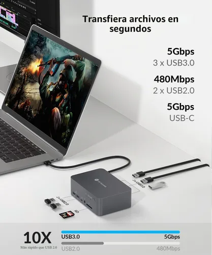 Vista 7 de Conmutador KVM de acceso AV USB C Estación de acoplamiento Monitores duales