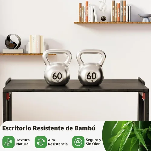 Vista 3 de Escritorio plegable para espacios pequeños, escritorio plegable de bambú con almacenamiento, color negro