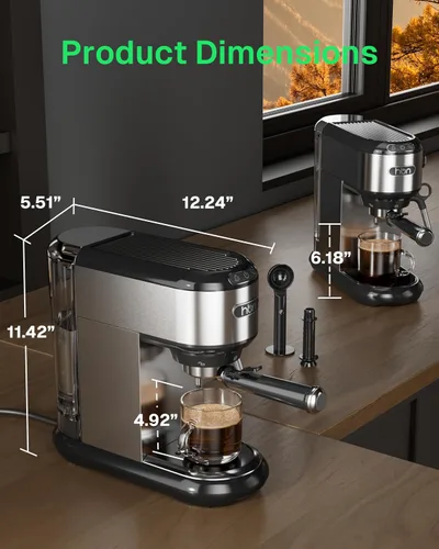 Vista 3 de HBN Máquina de café expreso de 20 Bar con espumador de leche, cafetera compacta para café molido, cafetera de acero inoxidable con varilla de vapor