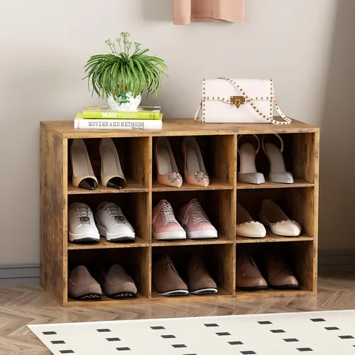 Vista 14 de Garden 4 you Banco de almacenamiento de zapatos, zapatero con 9 cubículos, organizador de zapatos de madera de 3 niveles, armario organizador