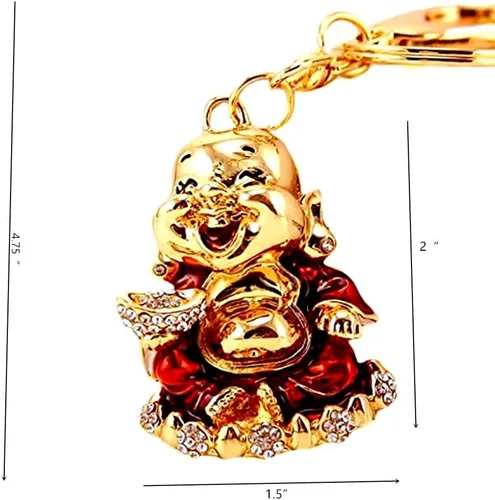 Vista 2 de Betterdecor Feng Shui riendo dinero feliz Buda Carring Yuan Bao llavero amuleto para la suerte de la riqueza, Dorado, Rojo