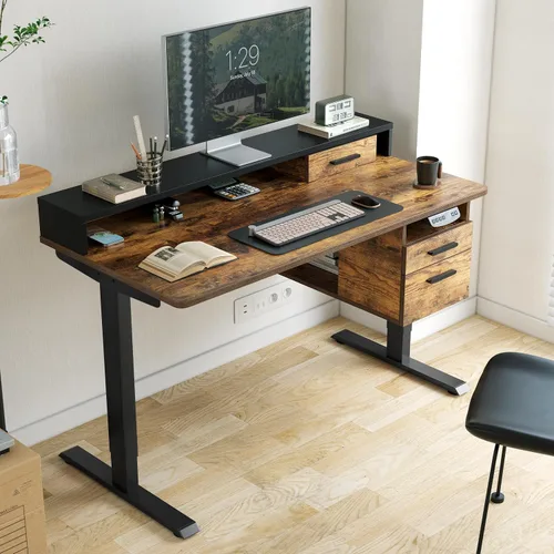 Vista 9 de FEZIBO Escritorio de pie de 48 x 24 pulgadas con altura ajustable, escritorio eléctrico de pie con doble cajón, escritorio de oficina en casa con 4