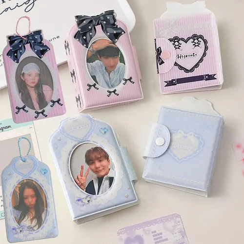 Vista 7 de Kpop - Mini álbumes de fotos de 3 pulgadas, 40 bolsillos, soporte para tarjetas fotográficas con lazo, patrón de corbatín, álbum de fotos para Azul