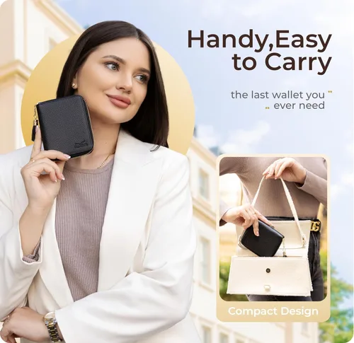 Vista 3 de Claasico Cartera Bifold para mujer con bloqueo RFID Cartera de piel auténtica con cremallera y bolsillo para monedas para mujer Elegante soporte