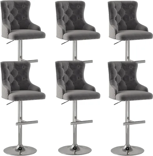 Vista 16 de Juego de 2 taburetes de bar de terciopelo, altura ajustable, base de metal dorado, beige Diseño de cabeza de clavo, función giratoria, ideal
