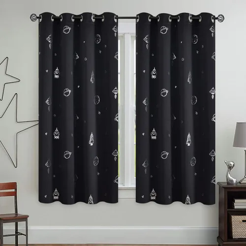 Vista 2 de Vangao Cortinas negras para niños, dormitorio de niños, cortinas opacas con temática espacial para habitación de niños, guardería, habitación