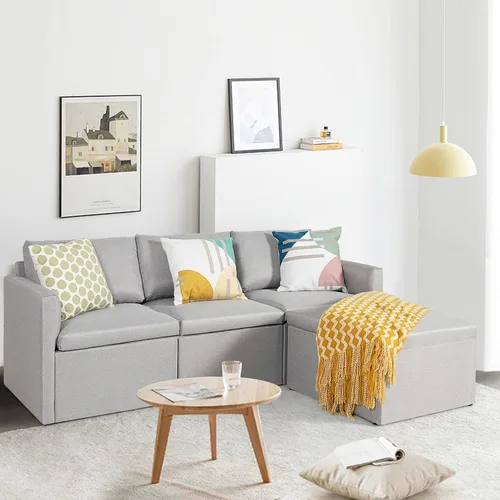 Vista 8 de POWERSTONE Sofá seccional convertible moderno en forma de L con tumbona reversible de 3 asientos, cómodo sofá de tela de lino para sala de estar