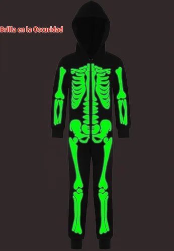 Vista 3 de Disfraz de esqueleto para niños que brilla en la oscuridad con capucha de esqueleto de una pieza para Halloween Negro