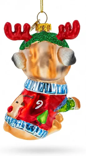 Vista 2 de Pug con cuernos de reno, adorno navideño de vidrio soplado