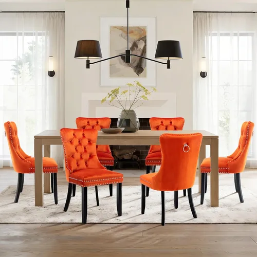 Vista 24 de Juego de 2 sillas de comedor de terciopelo con patas de madera, color beige Mid Century Modern Dining Chairs,Upholstered Chairs with Nailhead