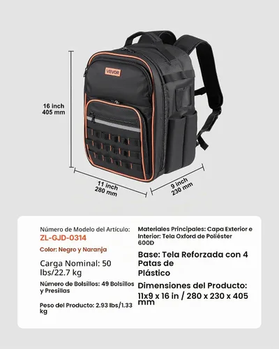 Vista 7 de VEVOR Mochila de Herramientas, 49 Bolsillos, Organizador de Almacenamiento de Herramientas de Servicio Pesado, Bolsas de Trabajo Mochila