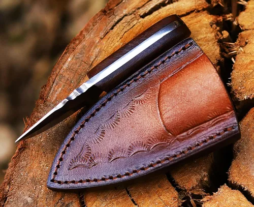 Vista 3 de ANCILLA Cuchillo de ciervo de campamento hecho a mano para caza de damasco, hoja fija de espiga completa, mini cuchillo de cuello de vaquero de Mini