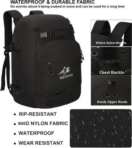 Vista 4 de KEOFID 50L Ski Boot Bag Backpack, Waterproof Ski Bag, Travel Backpack for Ski Helmet, Snowboard
