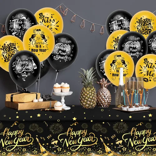 Vista 6 de HOWAF Paquete de 3 manteles de decoración de fiesta de Año Nuevo, mantel de feliz año nuevo negro y dorado para suministros de fiesta de Noticias