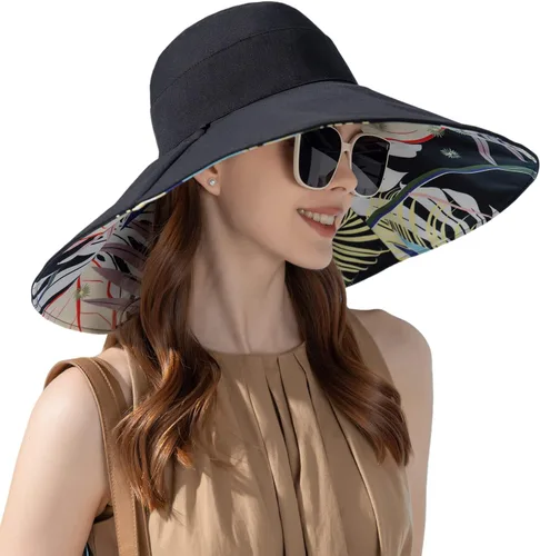 Vista 6 de HUAMULAN Sombrero de sol de verano para mujer, ala ancha, borde con alambre, floral, playa, cubo, sombreros reversibles, plegables, protección UV