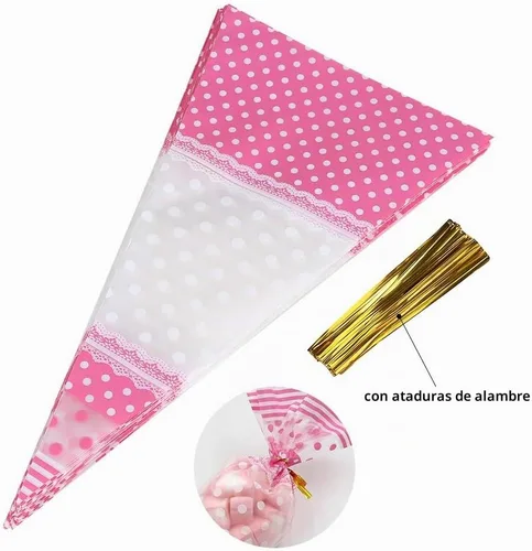 Vista 2 de FTVOGUE 50 bolsas transparentes en forma de cono para palomitas de maíz, bolsas de celofán con lazos