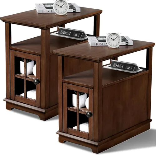 Vista 7 de HIFYOBRO Mesa auxiliar con estación de carga, juego de 2, puertos y tomas de corriente tipo C y USB, estante ajustable para almacenamiento en sala