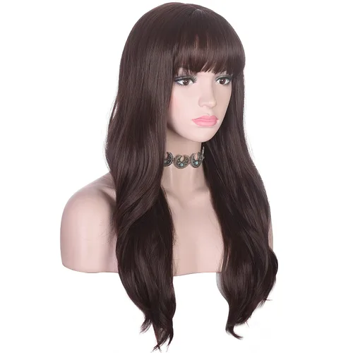 Vista 3 de morvally Peluca larga ondulada con flequillo para mujer, cabello sintético moreno, resistente al calor, aspecto natural para uso diario