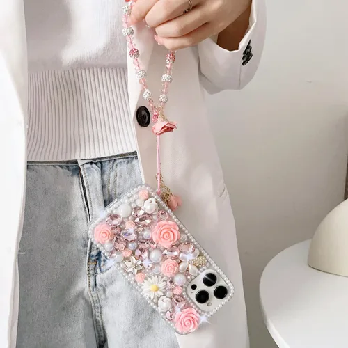 Vista 8 de para iPhone 14 Pro - Funda con Purpurina y Diamantes de Imitación, de Lujo, con Cristales Brillantes, Flores de Rosa, Perlas Florales, Pulseras