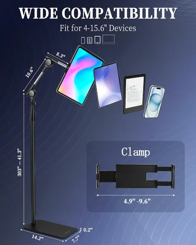 Vista 5 de SHUWEI Soporte de suelo para tableta con engranajes helicoidales de doble autobloqueo, soporte de piso para iPad de 63 pulgadas de altura ajustable
