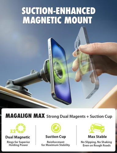 Vista 3 de Bracketron MagAlign Max MagSafe - Soporte para parabrisas de tablero de automóvil Strong MagSafe magnetic phone holder with vacuum suction base