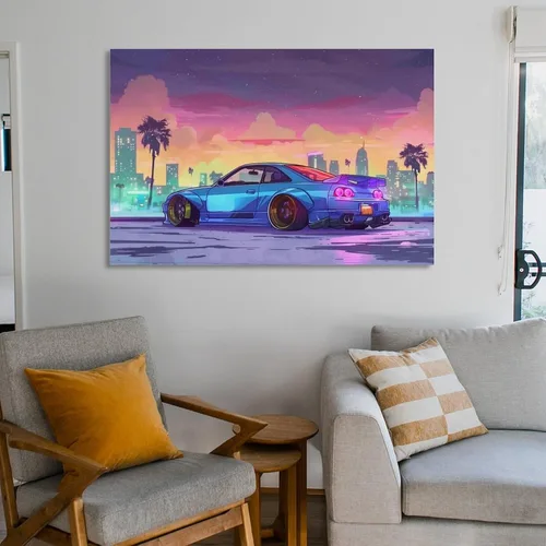 Vista 6 de Synthwave Vaporwave R32 - Póster de animé de palmera Jdm para automóvil, decoración de pared, pósteres e impresiones para dormitorio, sala de estar