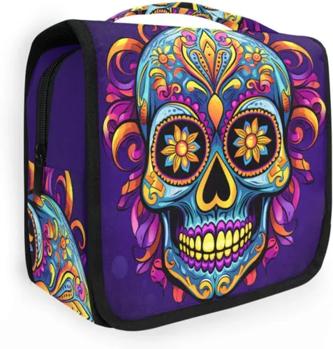 Vista 19 de MNSRUU Neceser colgante con diseño de calavera y girasol, bolsa de maquillaje de viaje para artículos de tocador, organizador de artículos