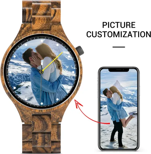 Vista 2 de 2win Reloj personalizado personalizado con impresión de foto para hombre, regalo de aniversario de madera para él y sus familias