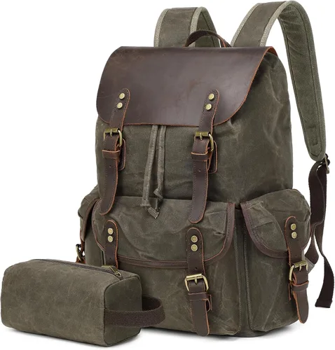 Vista 11 de Wogarl Mochila de lona de cuero vintage, Verde militar, Mediana, Ocio