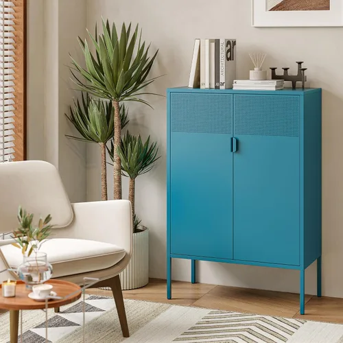 Vista 103 de Gabinete de almacenamiento de metal ancho negro, gabinete de acento de 2 puertas para el hogar y la oficina, gabinete de metal bajo de 2 niveles